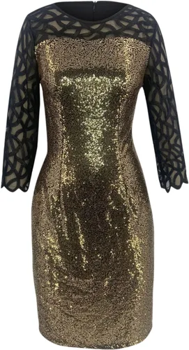 Vista 5 de Vestido de cóctel de lentejuelas para mujer, talla grande, sexy, cuello redondo, malla transparente, manga cortalarga, bodycon con purpurina