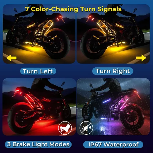 Vista 4 de 8 piezas de luces LED de doble fila para motocicleta con señal de giro y freno, kits de luces de resplandor con control remoto DITRIO APP/RF, zona