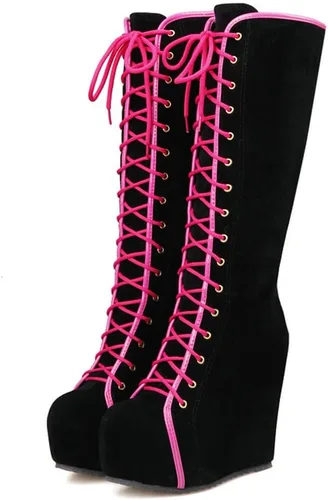 Vista 12 de Parisuit Botas góticas altas hasta la rodilla con hebilla de plataforma para mujer, tacón alto grueso, con cordones, botas de combate punk, con Negro