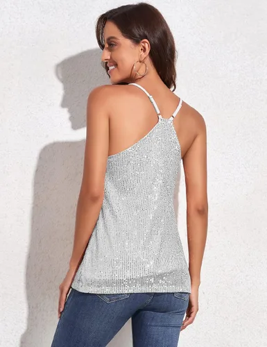 Vista 3 de PrettyGuide Camiseta de tirantes brillantes con lentejuelas para mujer, camiseta sin mangas brillante, Metálico