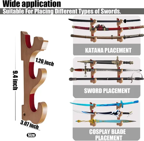 Vista 3 de Soporte Katana de 3 niveles, soporte de pared para espada, soporte de espada samurái, soporte de espada samurai de madera de 9.4 pulgadas, apto