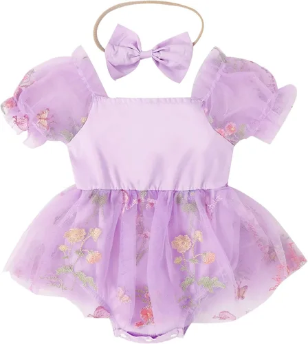 Vista 9 de IDOPIP Conjunto de 2 piezas para bebé recién nacido, con diadema, bordado de flores, tutú, princesa, fiesta de cumpleaños, conjunto de ropa