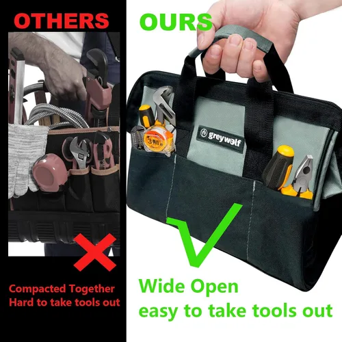 Vista 5 de Greywolf Bolsa de herramientas resistente de 12 pulgadas, bolsa de herramientas, material reforzado 600D con 6 bolsillos grandes, asas acolchadas