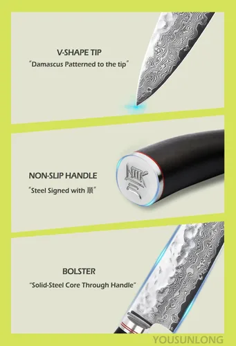 Vista 4 de YOUSUNLONG Cuchillo de chef – Cuchillos de cocina Gyuto de 8 pulgadas – Cuchillo afilado – Acero de Damasco martillado japonés – Mango de ébano