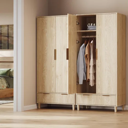 Vista 8 de VINGLI Armario Ropero Acanalado con Puertas y Cajones, Gabinete Armario con Barra para Colgar, Armario de Dormitorio de Madera de Roble, Armario