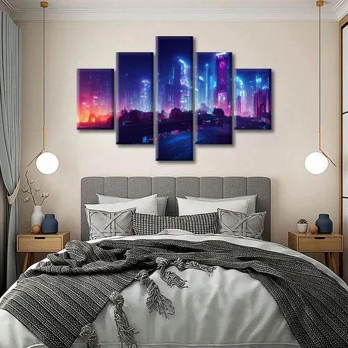 Vista 248 de Cuadros de 5 paneles de Cyberpunk City, arte de pared, representación de vallas publicitarias, edificios modernos en la capital con obras de arte