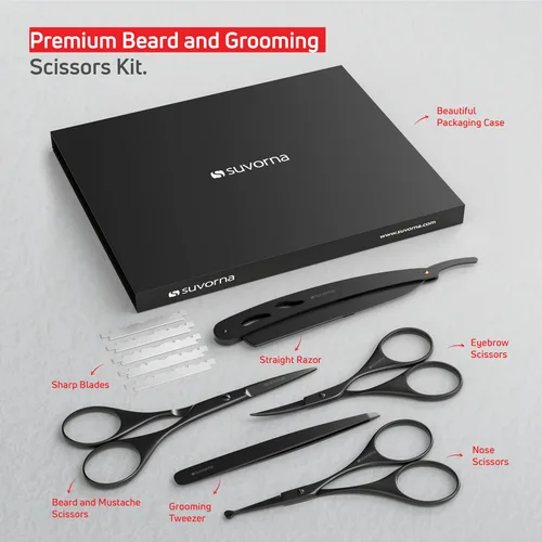 Vista 2 de Suvorna Juego de barba y bigote prémium con tijeras de barba para hombres, maquinilla de afeitar recta con cuchillas, tijeras faciales