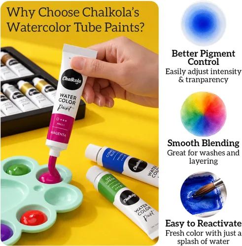 Vista 7 de Chalkola - Set de pintura de acuarela para adultos, niños, artistas principiantes y profesionales - Juego de 36 tubos de acuarela (12ml, 0.4oz), 10
