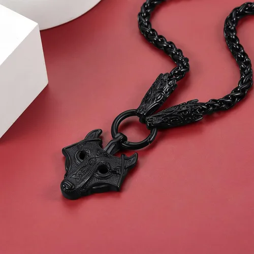 Vista 8 de FaithHeart Collar grueso de collar vikingo nórdico punk, de acero inoxidable, nudo celta, cabeza de lobo, amuleto, joyería de regalo