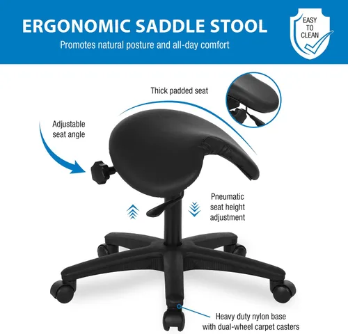 Vista 4 de Silla de dibujo Office Star con asiento sin respaldo y ajuste de ángulo, ajuste neumático de altura de 19 a 24 pulgadas, vinilo negro