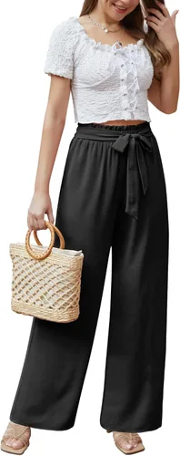 Vista 4 de Feiersi Pantalones casuales de pierna ancha para mujer, de cintura alta, para negocios, trabajo, casual, holgados, holgados, para playa, palazzo