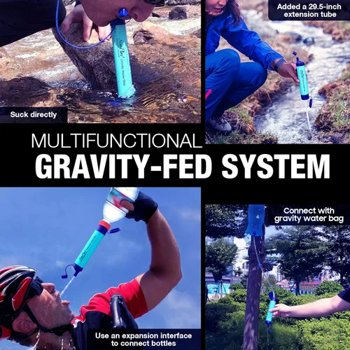 Vista 4 de SimPure Filtro de agua por gravedad, purificador de agua portátil alimentado por gravedad con bolsa de 3 L, correa de árbol, equipo de supervivencia