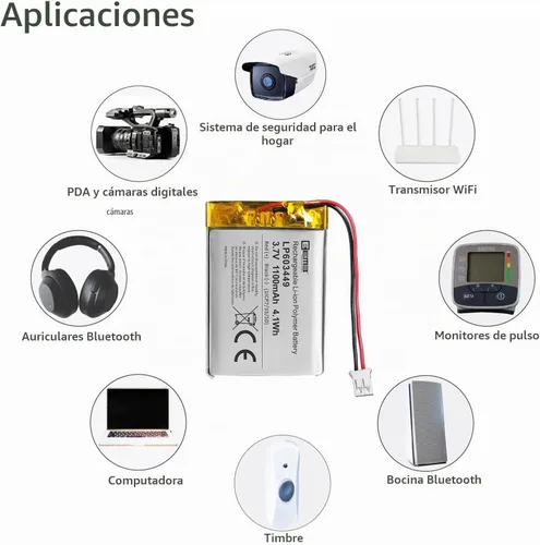 Vista 6 de EEMB 3.7V Lipo Batería 1100mAh 603449 Recargable JST 0.079 in, 1-Pack