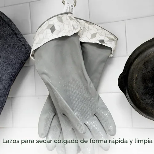 Vista 6 de Full Circle Splash Patrol - Guantes de limpieza de látex natural para platos, puños de algodón que se mantienen secos, duraderos con forro Gris