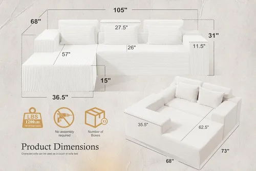 Vista 2 de HABUTWAY Sofás seccionales para sala de estar, sofá modular en forma de L de 105 pulgadas sin montaje, sofá modular con asiento profundo