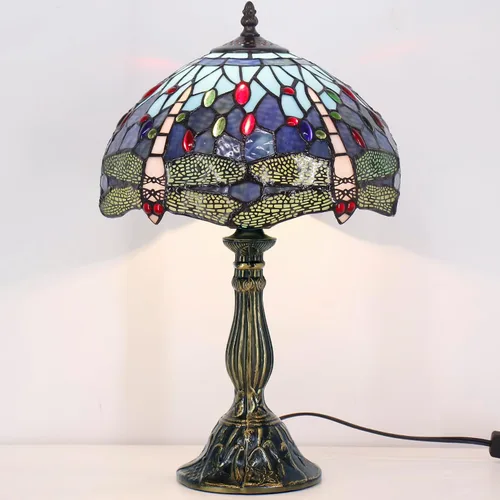 Vista 7 de WERFACTORY Tiffany - Lámpara de mesa con diseño de libélula, estilo libélula azul, para mesita de noche, luz de lectura, 12 x 12 x 18 pulgadas