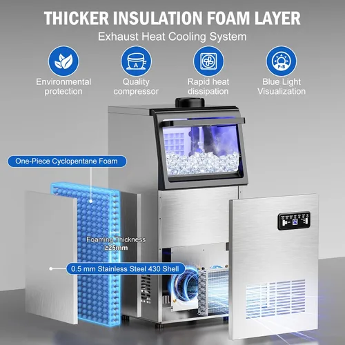 Vista 6 de 110 lbs Commercial Ice Maker Undercounter Built-in Freestanding Self-Clean Máquina de hielo, cubo de hielo, temporizador, ajustable, agua dual