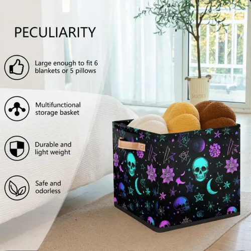 Vista 3 de Cube Storage Bins for Shelves, Neon Blue And Purple Skull Flower Decorative Fabric Organizer Box with Handles for Living Room, Dorm Room, Classroom