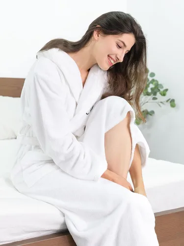Vista 7 de AW BRIDAL 2Pcs Couple Terry Cloth Robes 100% Cotton Hooded Spa Robe for Women Men Wedding Anniversary Engagement Gifts