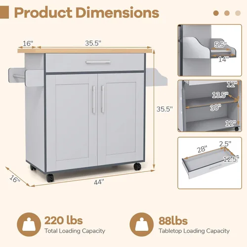 Vista 3 de Isla de cocina, carrito de almacenamiento rodante con cajones, armario grande, estante de especias y asa de toalla, carritos de cocina con ruedas
