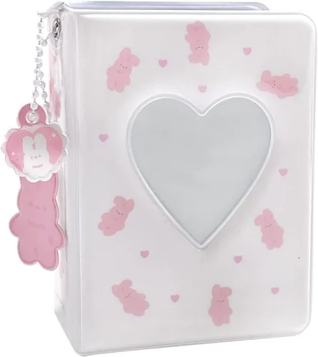 Vista 7 de Mini álbum de fotos de 3 pulgadas, carpeta de tarjetas huecas con corazón, soporte para tarjetas con colgante, 40 bolsillos (oso beige)