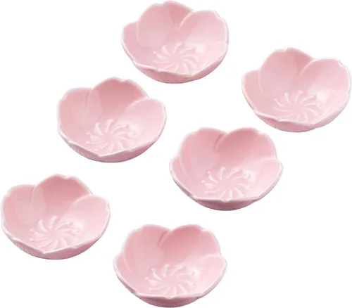 Vista 7 de Jusalpha Juego de 5 piezas de plato de salsa de cerámica con diseño de flores de cerezo rosa, plato de condimentos, tazón para sushi con salsa