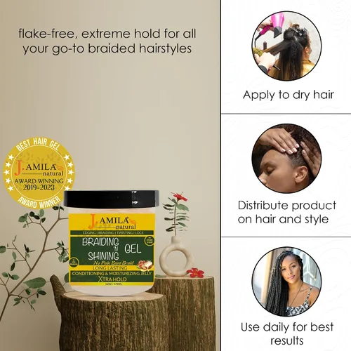 Vista 5 de J. AMILA Gel natural galardonado para trenzar y brillar de 16 onzas, sujeción extrema, hidratante y acondicionador para estilos suaves y duraderos
