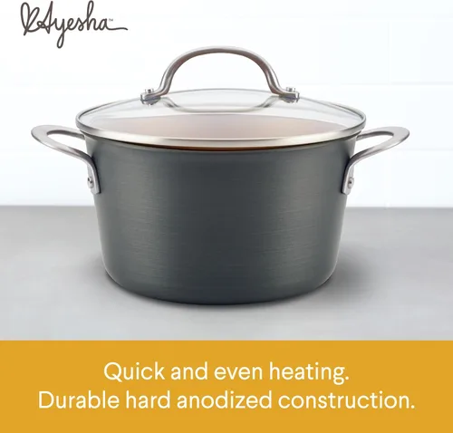 Vista 3 de Ayesha Curry Home Collection Sartén antiadherente anodizada dura con tapa, 4.5 cuartos de galón, gris carbón
