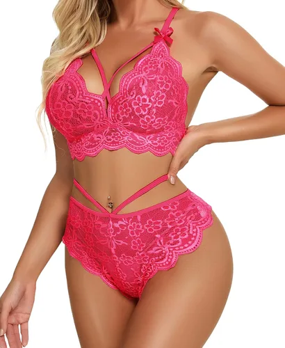 Vista 5 de Conjunto de lencería sexy de brasier y pantaletas con correas finas, de encaje