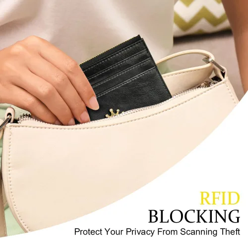 Vista 6 de URAQT Cartera para tarjetas de crédito, cartera minimalista de cuero delgado con cremallera, mini protector de tarjeta de crédito, llavero bolsillo