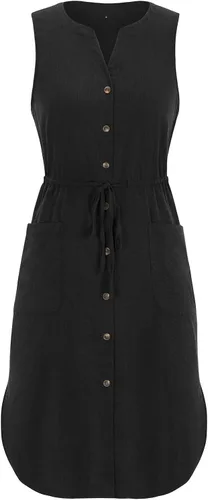 Vista 4 de KILIG Vestido casual de verano con cuello en V, sin mangas, con botones, elástico y bolsillos