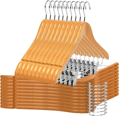 Vista 19 de Perchas de madera de calidad para faldas con clips, paquete de 10 perchas lisas de madera maciza para pantalones con clips de metal ajustables