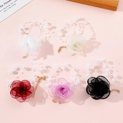 Vista 6 de Gargantilla de flor de rosa de camelia, collar de perlas artificiales vintage para mujer, accesorios elegantes para el cuello, collares de fiesta