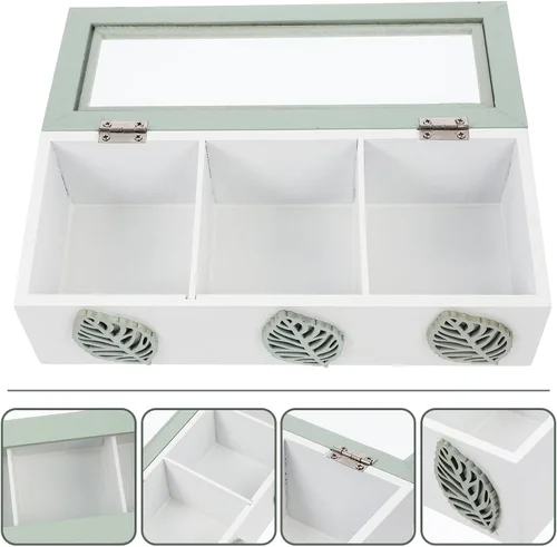 Vista 7 de Small Wooden Tea Bag Storage Box with 3 Compartments and Hollow Lid