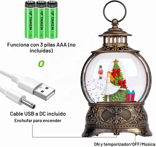 Vista 3 de Linterna de globo de nieve de Navidad con Clara y la Suite Cascanueces, escena operada por batería o USB, luz musical, decoración festiva iluminada