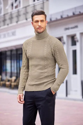 Vista 3 de COOFANDY Suéter de cuello alto ajustado para hombre, suéter de punto trenzado casual