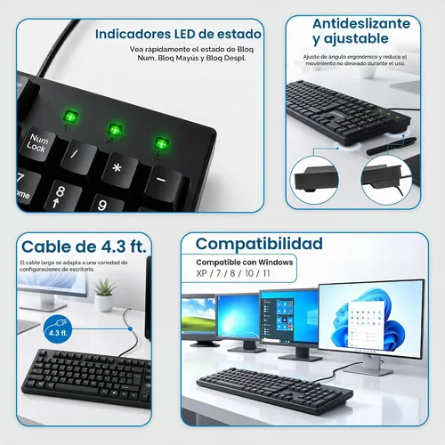 Vista 7 de Manhattan Teclado de computadora con cable – Teclado negro básico – con cable USB-A de 4.5 pies, 104 teclas, soportes plegables – Compatible