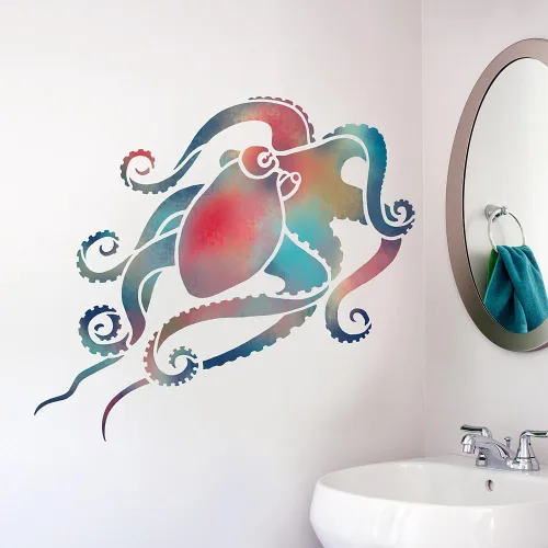 Vista 2 de Plantilla de arte de pared de pulpo, plantillas de pintura de pared para un fácil cambio de imagen de la habitación, plantilla grande para pintar