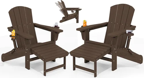 Vista 21 de KINGYES Silla Adirondack plegable ajustable con otomana y 2 portavasos, silla reclinable Adirondack HDPE con reposapiés, Aruba