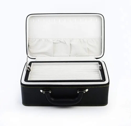 Vista 2 de Oirlv Joyero de cuero negro hecho a mano, organizador de joyas de viaje, estuche de almacenamiento para niñas, aretes, anillos, collares, colgantes