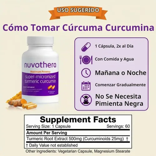 Vista 4 de Nuvothera Cápsulas de curcumina de cúrcuma supermicronizada de absorción rápida, raíz entera, sin OMG, piel, salud intestinal y antioxidantes