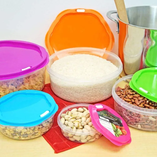 Vista 6 de Recipientes redondos de almacenamiento de alimentos con tapas coloridas a presión, juego de 5 recipientes de cocina de plástico
