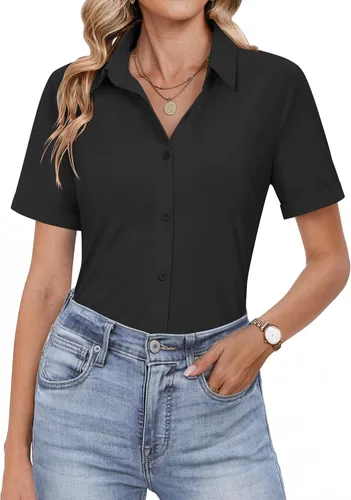 Vista 12 de HOTOUCH Camisas con botones para mujer, camisas de vestir de manga corta, blusas casuales de negocios, blusa de trabajo de oficina