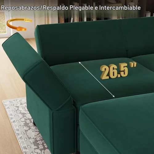 Vista 6 de Belffin - Sofá modular seccional con tumbona reversible de terciopelo, en forma de L, con almacenamiento, convertible de 4 plazas, color verde