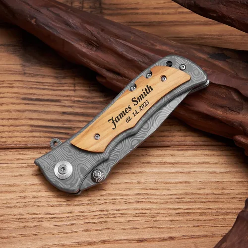 Vista 7 de Cuchillo plegable grabado personalizado para novio, esposo, papá, hijo - Cuchillos personalizados para hombres de campamento, pesca y caza con clip