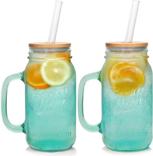 Vista 8 de ANOTION Tarro Mason con Tapa y Pajita, Tarros Mason de Boca Regular de 24 oz con Asa, Vasos para Beber, Vaso Tipo Tumbler, Tazas Reutilizables Mango