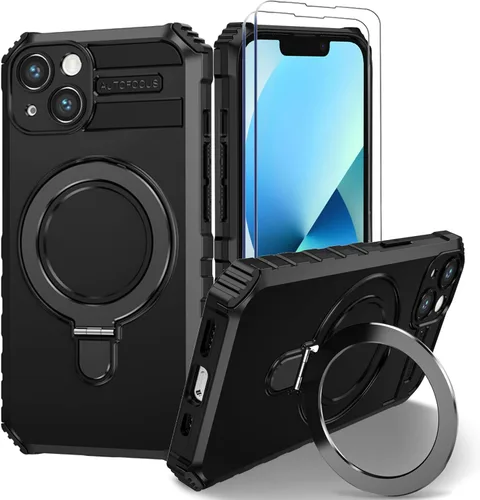 Vista 8 de Funda magnética para iPhone 11 [compatible con MagSafe] con 2 protectores de pantalla de vidrio templado con soporte de anillo, grado militar Azul