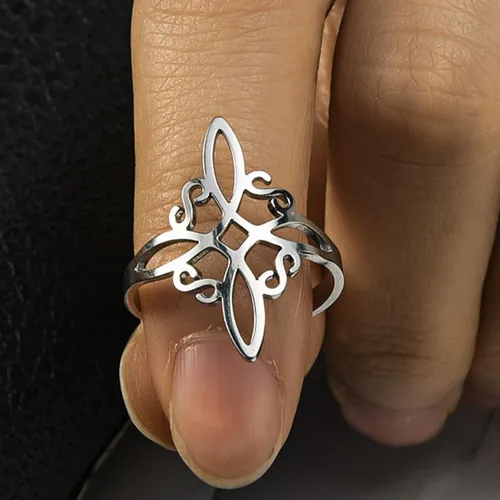 Vista 4 de Poevic Anillo de nudo de bruja para mujer, de acero inoxidable, ajustable, anillo de nudo de amor celta, anillo de nudo de brujas cuaternarias