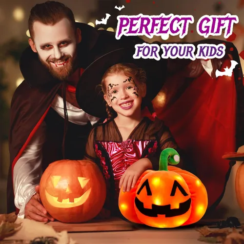 Vista 5 de Peluche de calabaza de Halloween con luz LED brillante, luz nocturna esponjosa, suave, fantasma Jack O Lantern, juguete de peluche, regalos