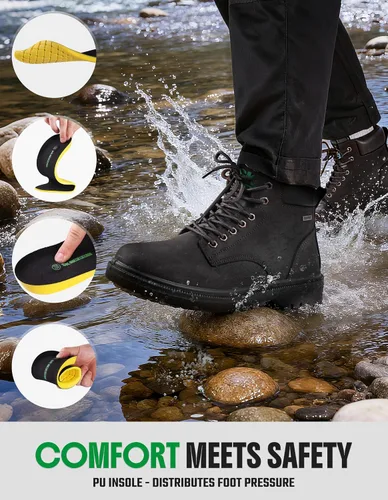Vista 7 de SKPRO Botas de trabajo con punta de acero para hombres, zapatos de seguridad antideslizantes impermeables para la construcción, botas de trabajo